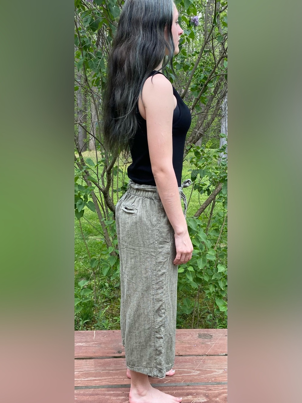 Anthropologie Capris. Olive With Black Pinstripe Wide Leg Linen Blend Size XS - Picture 4 of 15